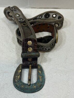 VTG Sand Castle New York Metal Mesh Leather Belt Western Brass Buckle Studs 32 M